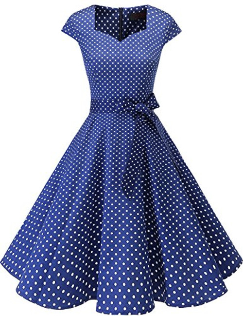 1950s Retro Floral Bird Swing Dress with Belt Navy Small White Dot XL