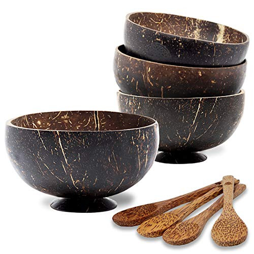 Coconut Smoothie Bowls with Spoons  Set of 4 Large Capacity Coconut Bowls with Wooden Spoons Polished and Coated with Olive Oil Ideal Coconut Bowls for Acai Vegan Smoothies Buddha Bowl