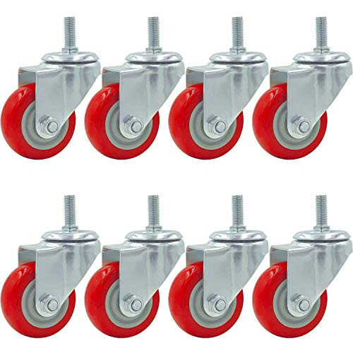Pack of 8 Caster Wheels Swivel Plate on Red Polyurethane Wheels 3 inch stem