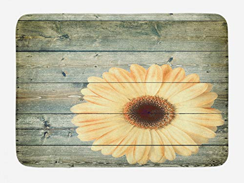 Lunarable Floral Bath Mat Rustic Wooden Planks Sunflower Oak Tree Daisy Gerbera Country Theme Plush Bathroom Decor Mat with Non Slip Backing 29.5 inch X 17.5 inch Pale Yellow and Grey