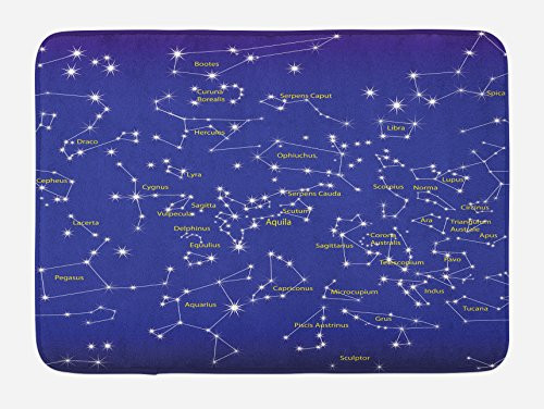 Ambesonne Constellation Bath Mat Astronomy Science Names of Stars Zodiac Signs Night Sky Plush Bathroom Decor Mat with Non Slip Backing 29.5 inch X 17.5 inch Violet Blue White Pale Yellow