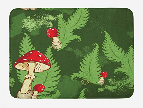 Lunarable Mushroom Bath Mat Pattern with Amanita Mushroom and Fern Leaves on Green Background Plush Bathroom Decor Mat with Non Slip Backing 29.5 inch X 17.5 inch Dark Green Vermilion Beige