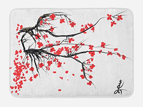 Ambesonne Nature Bath Mat Sakura Blossom Japanese Cherry Tree Garden Summertime Vintage Cultural Print Plush Bathroom Decor Mat with Non Slip Backing 29.5 inch X 17.5 inch Grey Vermilion