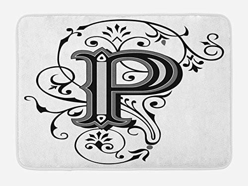 Ambesonne Letter P Bath Mat Floral Swirls Essence Blooms Letters Baroque Inspired Initials Design Print Plush Bathroom Decor Mat with Non Slip Backing 29.5 inch X 17.5 inch Black Grey White