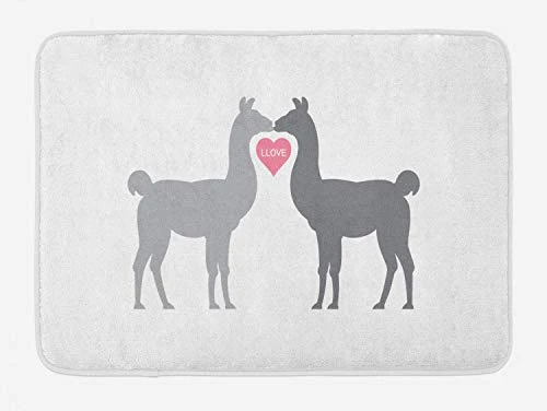 Ambesonne Llama Bath Mat 2 Animals in Love with a Heart Between Them LLove Words Greyscale Animals Plush Bathroom Decor Mat with Non Slip Backing 29.5 inch X 17.5 inch Grey Pink