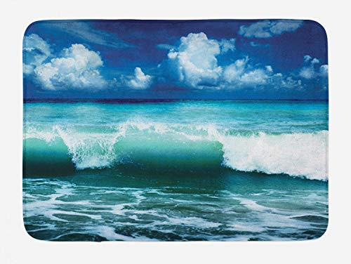 Ambesonne Ocean Bath Mat Caribbean Island Coast Seascape Waves Water Splash Surfing Sports Theme Plush Bathroom Decor Mat with Non Slip Backing 29.5 inch X 17.5 inch Aqua Navy Blue White