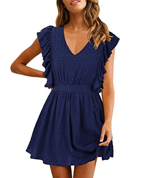 SOLERSUN Cocktail Dresses for Women Women s Casual Summer Elegant V Neck Ruffle Sleevesless Stretchy Swing Cocktail Party Mini Dress Dark Blue XL