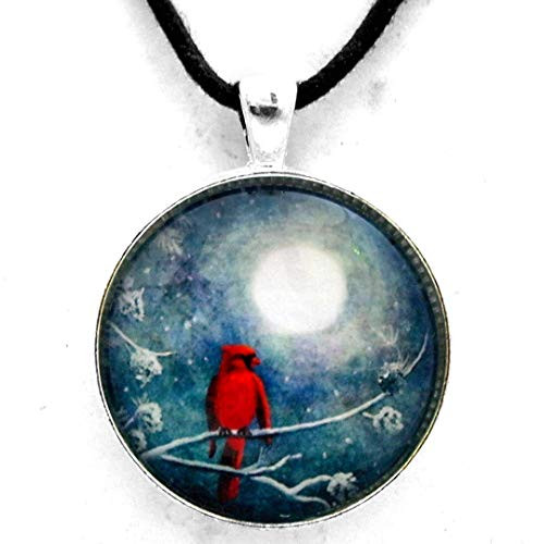 Cardinal on a Wintry Night Red Bird Pendant Necklace Zen Snow Moon Christmas Handmade Jewelry