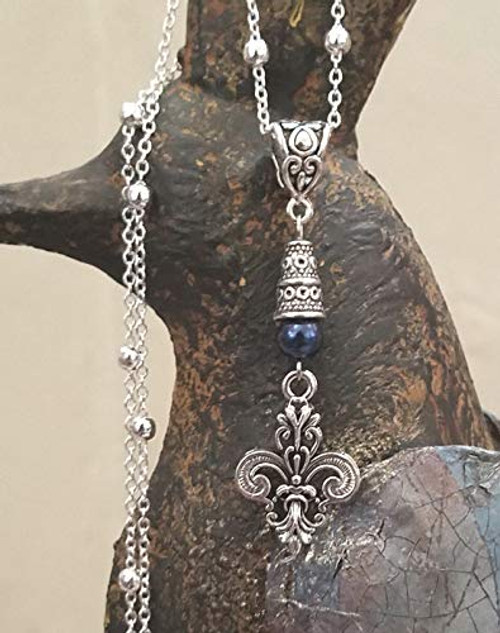 Fleur de Lis Necklace on Sterling Silver Chain Blue Accent Fleur de Lis Necklace on Sterling Silver Chain Blue Accent