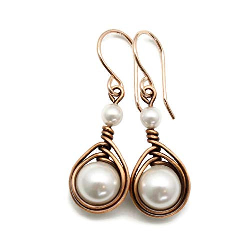 Copper Wire Wrapped Earrings with Swarovski Simulated Pearl White Copper Wire Wrapped Earrings with Swarovski Simulated Pearl White
