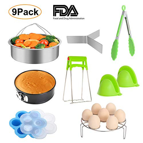 MECKILY 9pcs Instant Pot Accessories Set Fits 5,6,8 Qt - Steamer Baskets, Non-stick Springform Pan, Egg/Steamer Rack, Egg Bites Mold, Dish Plate Clip, Kitchen Tong, Oven Mitts