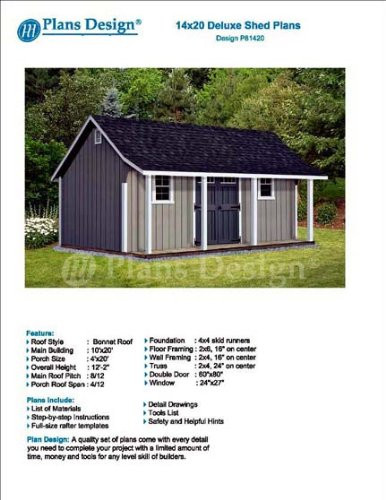 14  x 20  Storage Shed with Porch Plans for Backyard Garden - Design  P81420