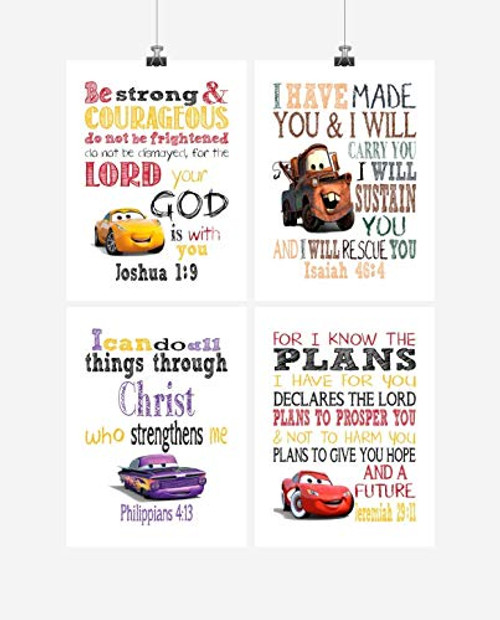 Cars Inspirational Nursery Decor Art Set of 4 Prints Lightning McQueen and Tow Mater