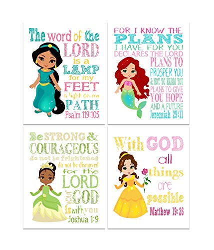 Princess Christian Nursery Decor Set of 4 Prints - Ariel Jasmine Tiana ...