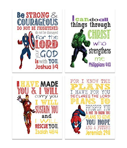 Superhero Christian Nursery Decor Set of 4 Prints - Captain America Hulk Ironman and Spiderman