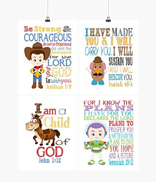 Toy Story Christian Nursery Decor Set of 4 Prints - Woody Buzz Lightyear Bullseye and Mr. Potato Head with Bible Verses Toy Story Christian Nursery Decor Set of 4 Prints - Woody Buzz Lightyear Bullseye and Mr. Potato Head with Bible Verses