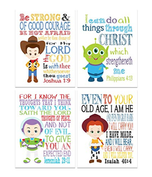 Toy Story Christian Nursery Decor Set of 4 Prints - Woody Buzz Lightyear Jessie and Alien with KJV Bible Verses Toy Story Christian Nursery Decor Set of 4 Prints - Woody Buzz Lightyear Jessie and Alien with KJV Bible Verses