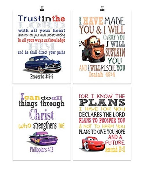 Cars Christian Nursery Decor Set of 4 Prints Lightning McQueen Ramone Doc Hudson and Tow Mater