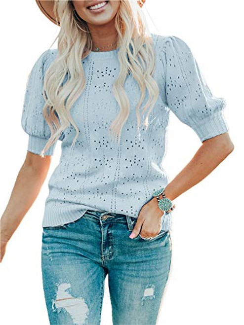 Foshow Womens Spring Crew Neck Puff Short Sleeve Sweaters Loose Knit Dot Pullover Tops Lightweight Sweater Blouse Shirt Blue