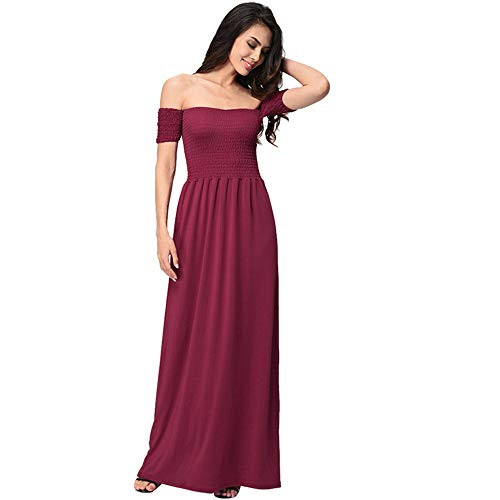Womens Casual Short Sleeve Off Shoulder Ruched Maxi Long Dress Solid Evening Cocktail Party Dress Red