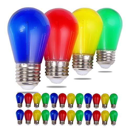 Visther S14 LED Colored String Light Bulb 1W Plastic Shatterproof Incandescent Replacement E26 Base Edison Bulbs for Outdoor Indoor Patio Christmas String Lights 24 Pack Red Blue Yellow Green