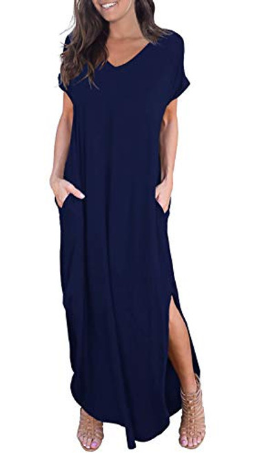 GRECERELLE Women s Casual Loose Pocket Long Dress Short Sleeve Split Maxi Dress Navy Blue XX-Large GRECERELLE Women s Casual Loose Pocket Long Dress Short Sleeve Split Maxi Dress Navy Blue XX-Large