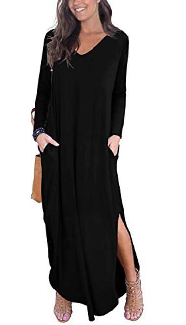 GRECERELLE Women s Casual Loose Pocket Long Dress Long Sleeve Split Maxi Dresses Black Small