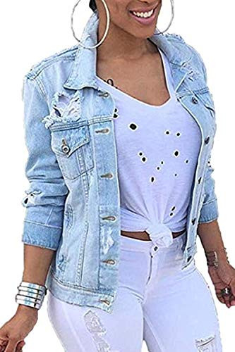 Women Denim Jackets Ripped Button Down Jean Trucker Jacket Blue XL
