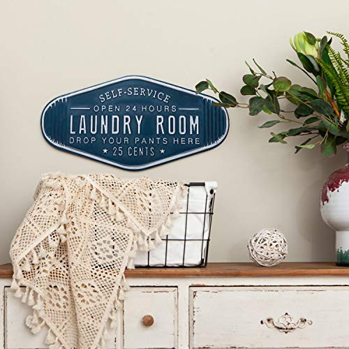 NIKKY HOME 20 inch x 10 inch Decorative Metal Wall Plaque Sign for Laundry Room Drop Your Pants Here Navy Blue