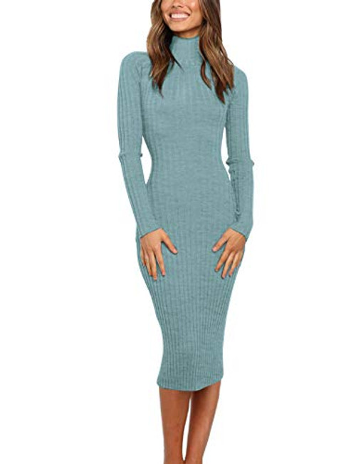 MEROKEETY Women s Ribbed Long Sleeve Sweater Dress High Neck Slim Fit Knitted Midi Dress Sage L