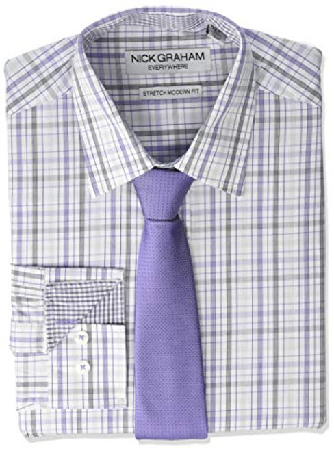Nick Graham Men s Stretch Modern Fit Mini Plaid Dress Shirt and Solid Tie Set Purple 18-18.5 inch Neck   36-37 inch Sleeve