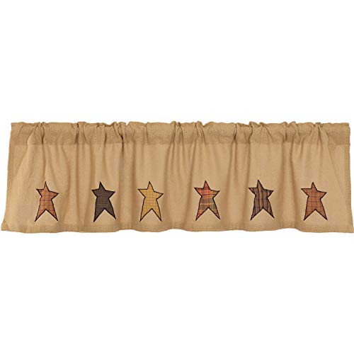 VHC Brands Primitive Kitchen Curtains Stratton Rod Pocket Appliqued Cotton Burlap Star Valance, Natural Tan VHC Brands Primitive Kitchen Curtains Stratton Rod Pocket Appliqued Cotton Burlap Star Valance, Natural Tan