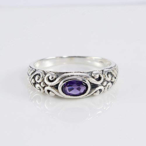 925 sterling silver ring Bali swirl design with genuine oval amethyst enchanting 4 * 6 mm genuine amethyst stone ring size 7.5 us ring genuine amethyst stone ring purple stone