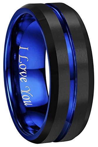 4mm 6mm 8mm 10mm Blue Groove Black Matte Finish Tungsten Carbide Wedding Band Ring Engraved inchI Love You inch  8mm9