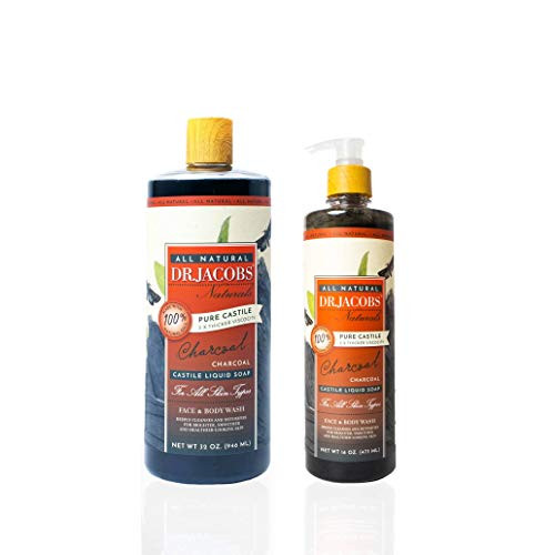 Dr. Jacobs Naturals Pure Castile Liquid Soap - Face and Body Wash 16 oz. Pump Bottle with 32 oz Refill - Free of Parabens Sulfates Synthetics Gltuen and GMO  Charcoal