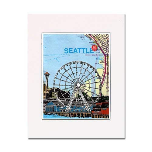 Great Wheel Seattle Washington Art Print. You Are Here. Gallery Quality. Matted at 11 inches x 14 inches and Ready to Frame.