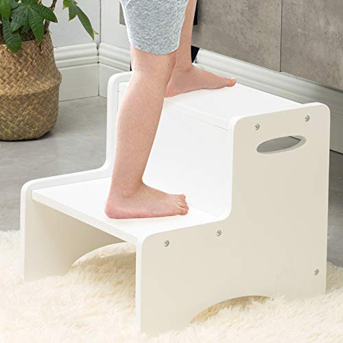 WOOD CITY Wooden Toddler Step Stool for Kids White Two Step Children s Stool with Handles Bonus Non-Slip Pads for Safety Bathroom Potty Stool  and  Kitchen Step Stools Dual Height