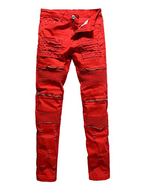 Rexcyril Men s Moto Biker Jeans Distressed Ripped Skinny Slim Fit Denim Pants with Zippers Red W30