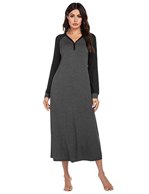 Ekouaer Women s Sleepwear Full Length Sleep Dress V-Neck Nightgown Casual Sleep Shirt Night Dress  Dark GreyLarge