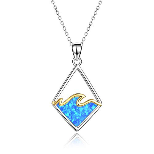 YAFEINI Sterling Silver Ocean Wave Necklace Created Blue Opal Pendant Ocean Jewelry Beach Gifts for Women