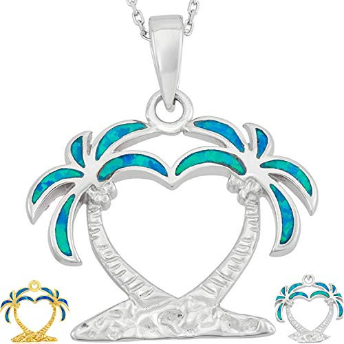 Created Blue White Opal Heart Shaped Palm Tree Silver 14k Gold 14k Rose Gold Plated Sterling Silver Pendant 18   Necklace Jewelry for Women or Teens