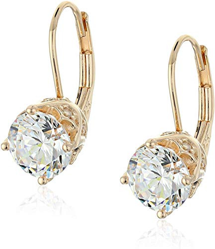 18K Yellow Gold Plated 925 Sterling Silver 7mm Cubic Zirconia Classic Solitaire Leverback Dangle Drop Earrings