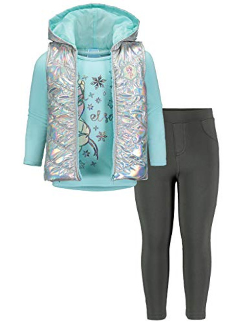 Disney Frozen Elsa Big Girls Long Sleeve T-Shirt Hooded Vest Legging Set 7-8 Aqua Grey