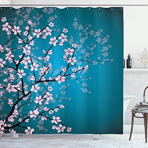 Ambesonne Japanese Shower Curtain Spring Season Culture Sakura Bloom Design Marine Toned Ombre Background Cloth Fabric Bathroom Decor Set with Hooks 70 inch Long Blue Pink