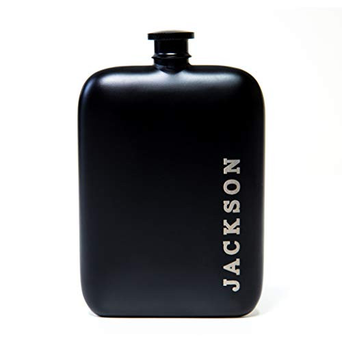 Swanky Badger Personalized Hip Flask Stainless Steel Flask Matte Black Coating Includes Funnel 7oz  200ml  Perfect Men s Gift Father s Day Gift or Groomsmen Gift  Tower - Front Engraved