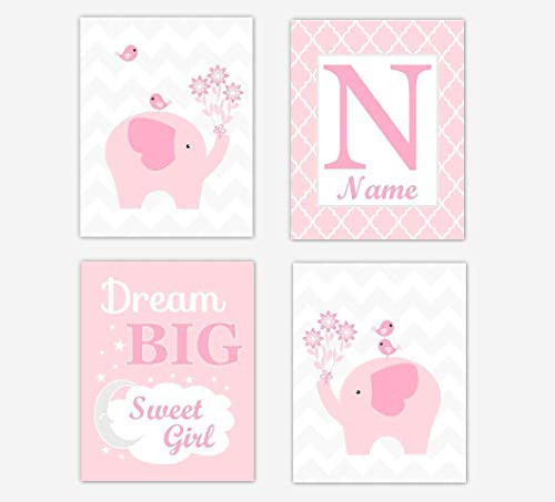Pink Elephant Baby Girl Nursery Art Personalized Dream Big SweetDecor 4 UNFRAMED PRINTS