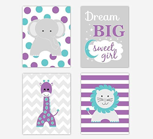 Purple Baby Girl Nursery Art Teal Elephant Giraffe Lion Dream Big Sweet Girl Safari Animal Decor 4 UNFRAMED PRINTS