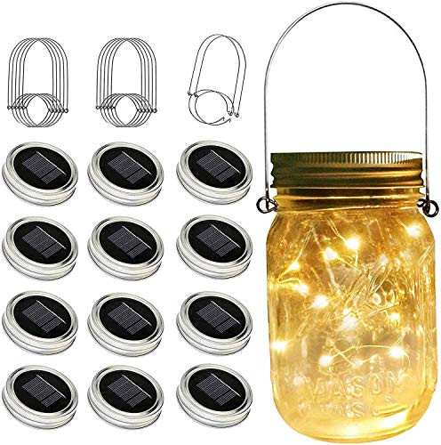 Cynzia Upgraded Solar Mason Jar Lights 12 Pack 30 LED Mason Jar Lid Lights Waterproof Fairy Firefly String Lights with Hangers for Mason Jar Patio Yard Garden Wedding Decoration  Warm White