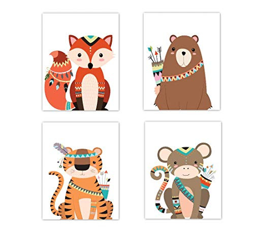 Tribal Woodland Nursery Art Fox Bear Tiger Monkey Animals Baby Boy Nursery Decor 4 UNFRAMED PRINTS
