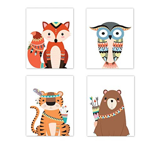 Tribal Woodland Nursery Art Fox Bear Tiger Owl Animals Baby Boy Nursery Decor 4 UNFRAMED PRINTS